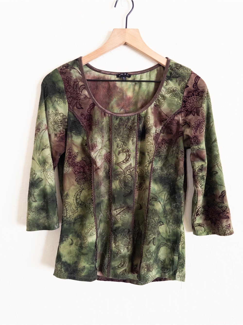 Vintage Y2K Sami & Jo Burnout Velvet Corset Seam 3/4 Sleeve Fairy Top Medium